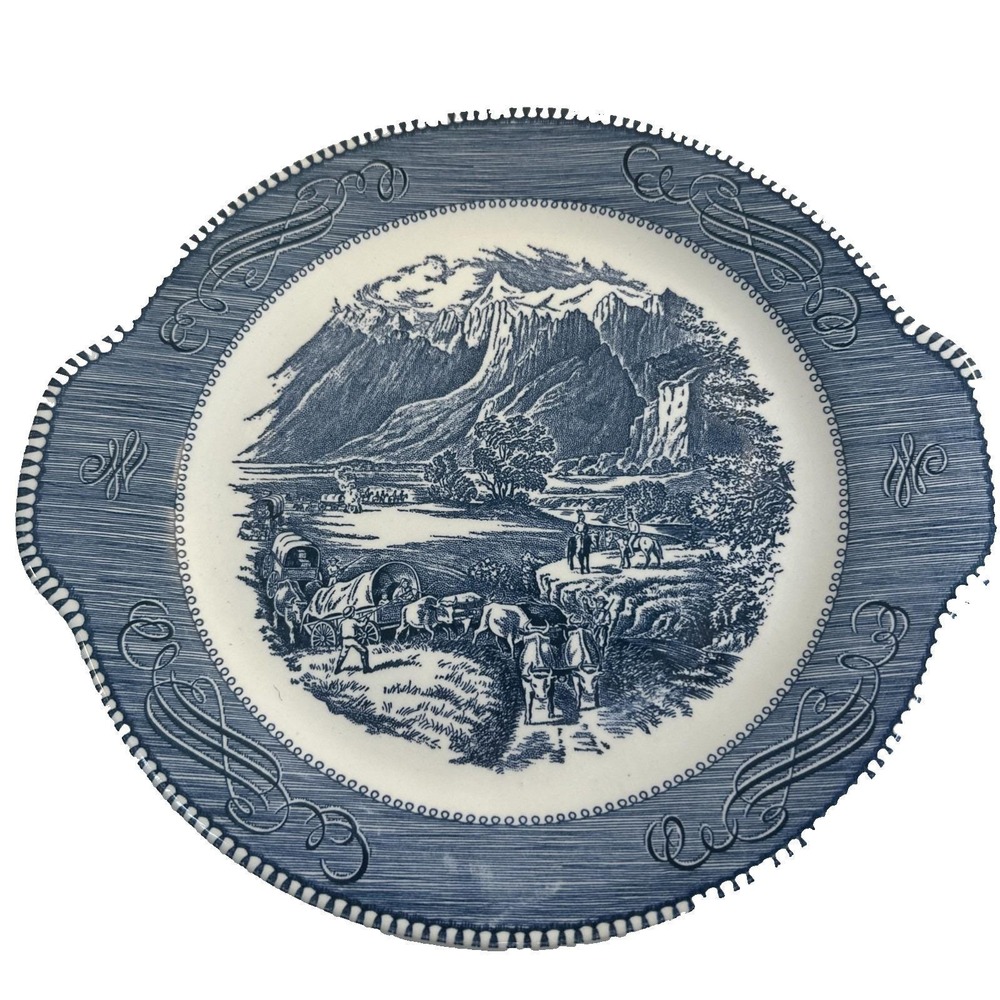 Vintage Blue Transferware Currier & Ives Rocky Mountains Cake Plate 11.5"